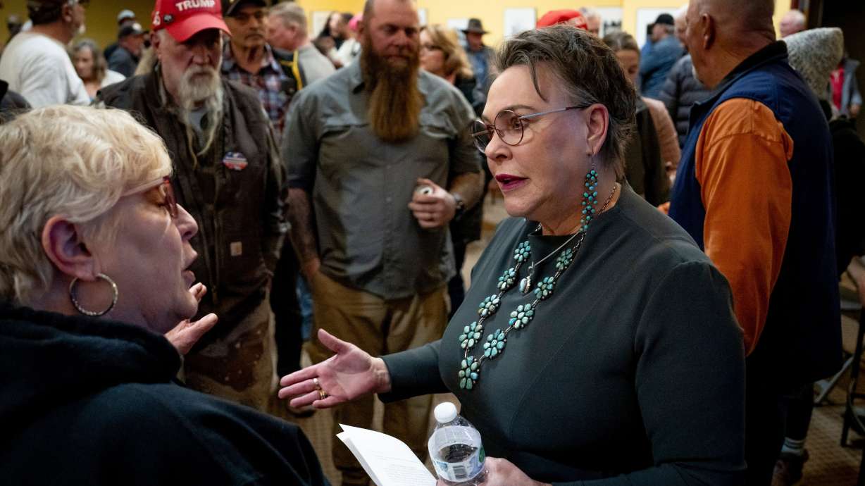 Rep. Harriet Hageman, R-Wyo., talks to attendees after holding a town hall meeting on March 14, 2025, in Evanston, Wyo. Hageman is running for Wyoming's Senate seat, and there are plenty of candidates to replace Hageman in the House.