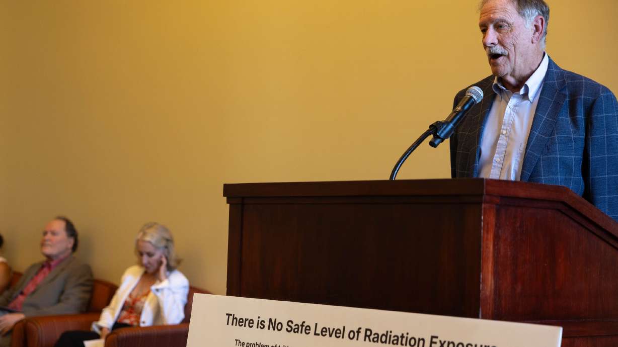 Steve Erickson speaks during a press conference held by advocates of downwinders to discuss their filing of an FTC complaint against alleged misleading nuclear ads at the Utah state Capitol in Salt Lake City on Monday.