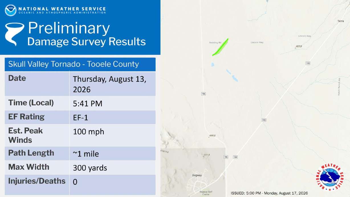A map of the tornado that touched down in Tooele County on Thursday. The tornado created some damage near Dugway, weather service officials confirmed on Monday.