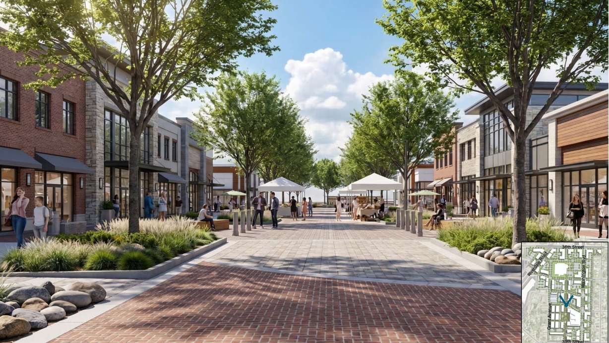 South Ogden leaders envision a bustling new city center within a 61-acre expanse along Washington Boulevard in a plan to be considered Tuesday by the City Council. The rendering shows a proposed plaza in the development area.