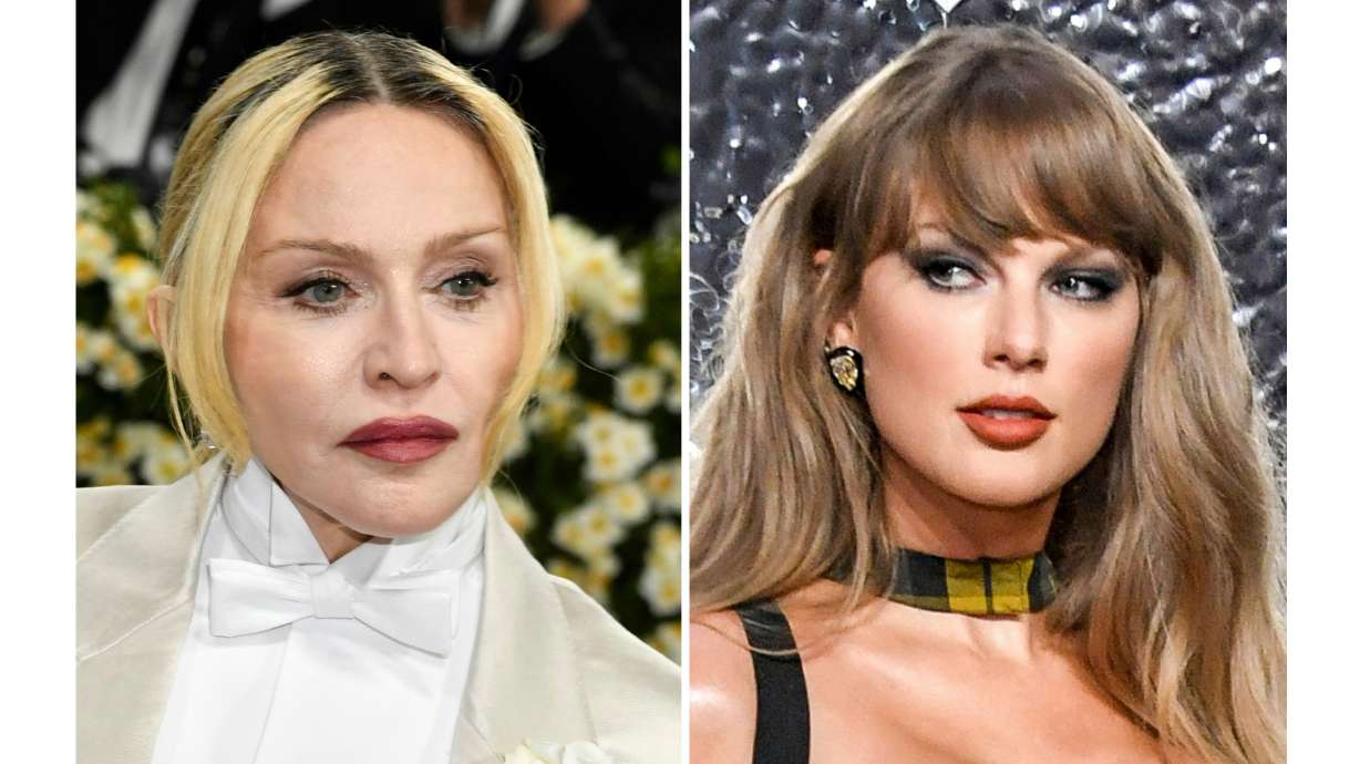 Madonna appears at The Metropolitan Museum of Art's Costume Institute benefit gala in New York on May 5, 2025, and Taylor Swift appears at the MTV Video Music Awards in Elmont, N.Y., on Sept. 11, 2024. Both lead the MTV Video Music Awards nominations, the network said Tuesday.