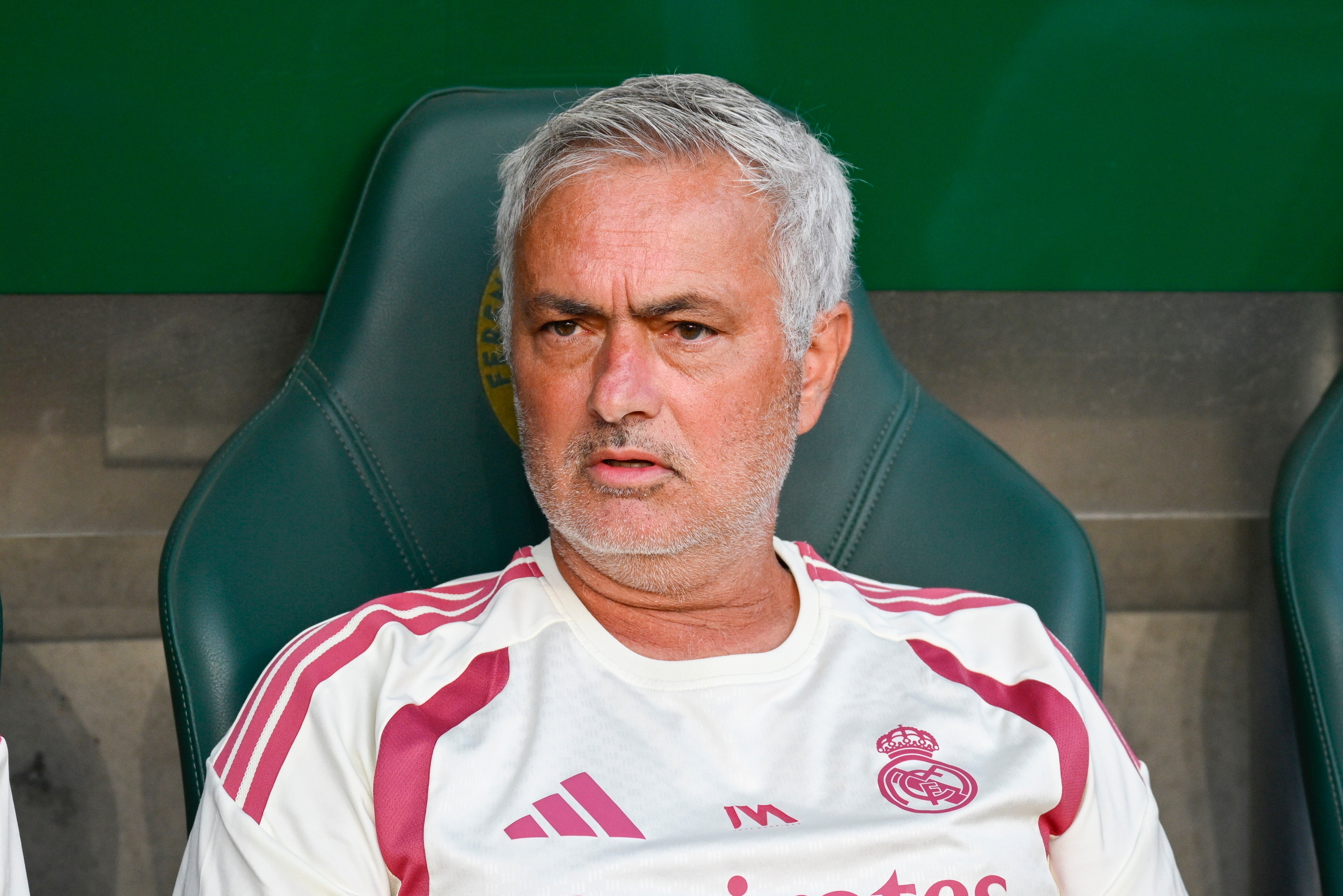 Real Madrid's head coach Jose Mourinho reacts prior to the friendly soccer match between Ferencvaros TC and Real Madrid in the Groupama Arena in Budapest, Hungary, Saturday, Aug. 8, 2026. 