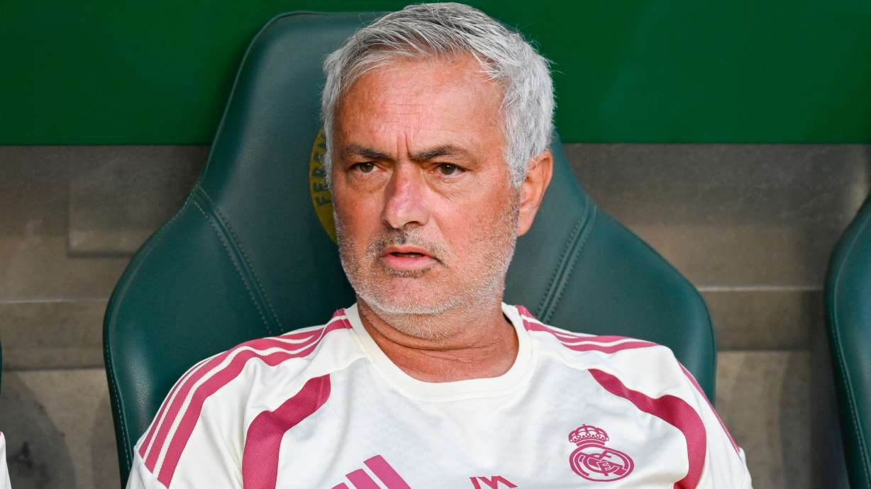 Real Madrid's head coach Jose Mourinho reacts prior to the friendly soccer match between Ferencvaros TC and Real Madrid in the Groupama Arena in Budapest, Hungary, Saturday, Aug. 8, 2026.