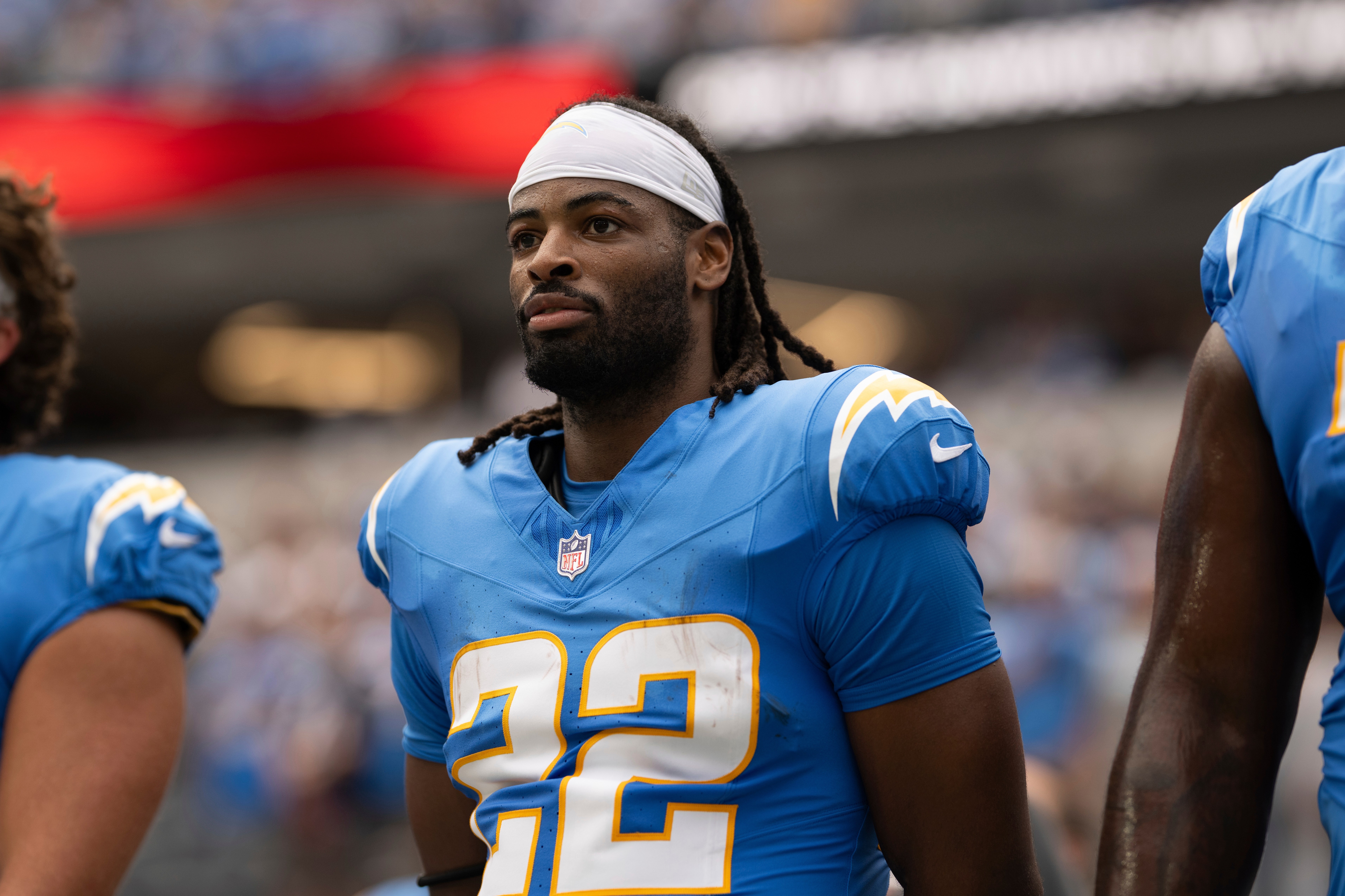 FILE - Los Angeles Chargers running back Najee Harris (22) stands for the National Anthem before an NFL football game against the Denver Broncos, Sept. 21, 2025, in Inglewood, Calif. 