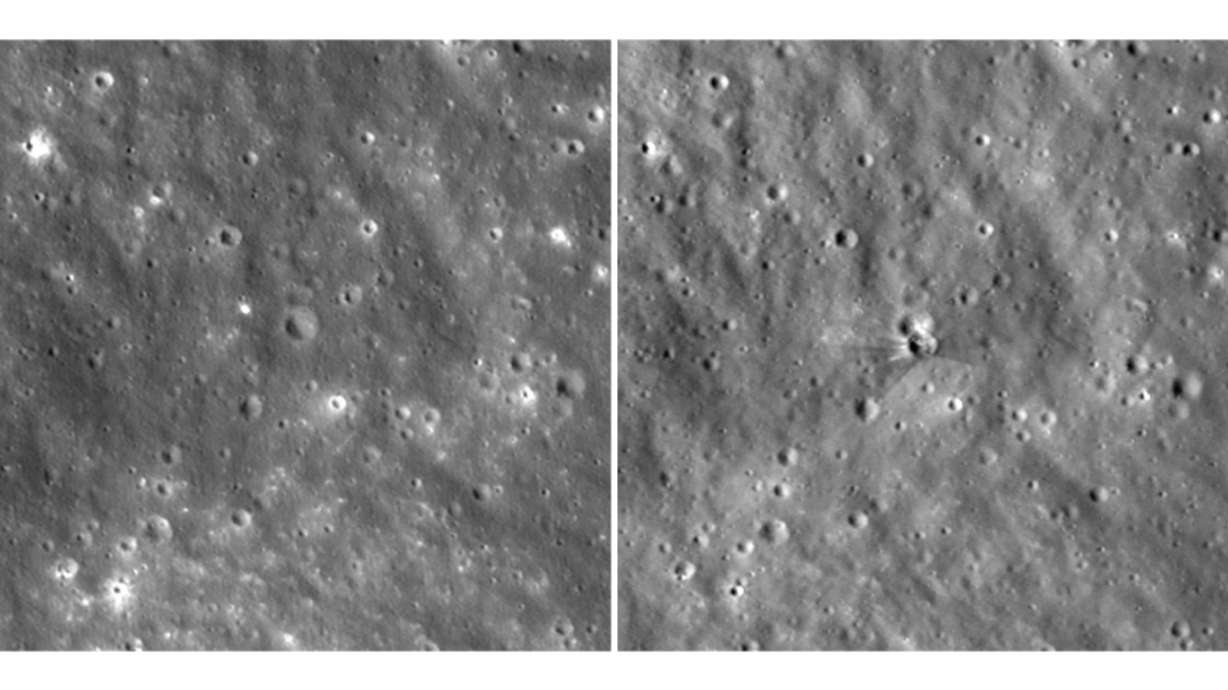 This combo made with photos provided by NASA on Tuesday, Aug. 18, 2026, taken by the Lunar Reconnaissance Orbiter, shows before, left, and after images of a fresh crater on the moon created by a collision with a SpaceX rocket.