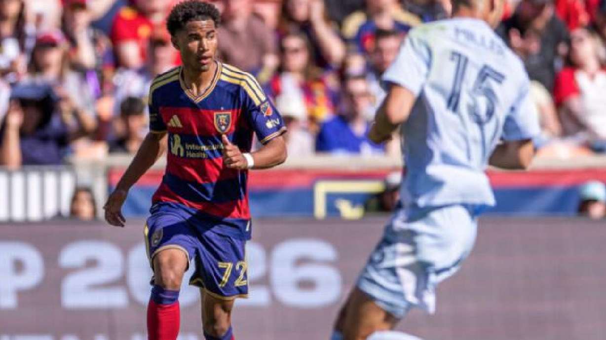 Real Salt Lake midfielder Zavier Gozo (72) looks for a passing lane around Sporting Kansas City defender Jansen Miller (15) during the second half of an MLS game at America First Field in Sandy on April 4. Gozo is officially on the move, and bound for the Premier League.