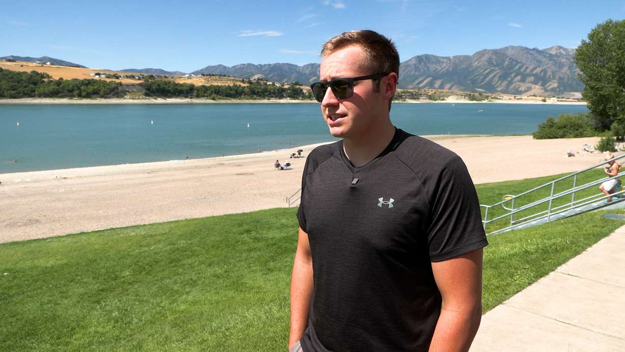 Brayden Jarrett at Hyrum Reservoir on Tuesday, where he often trains for his open water swims.