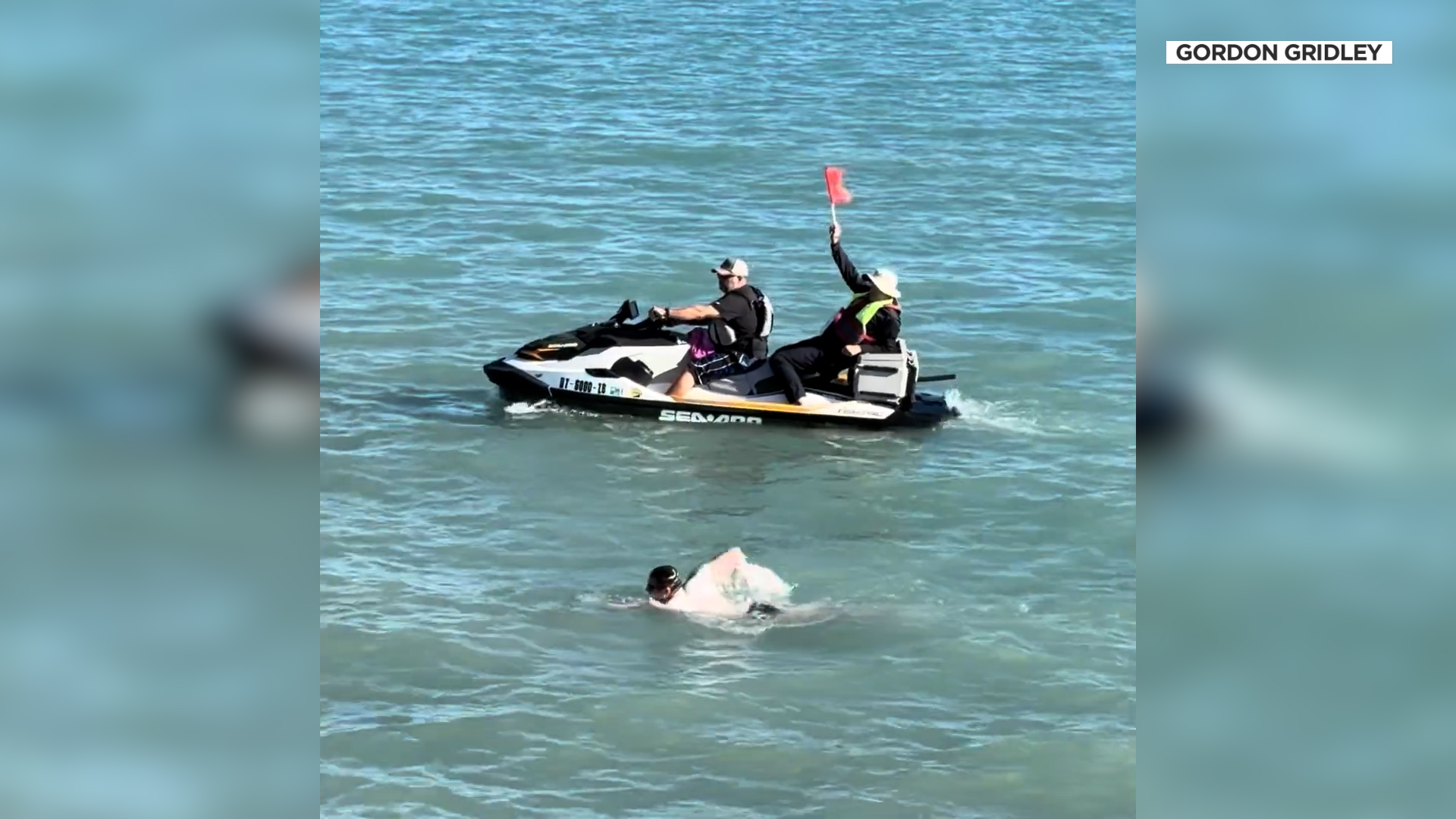 Brayden Jarrett was accompanied and guided by a jet ski at Bear Lake on Saturday.