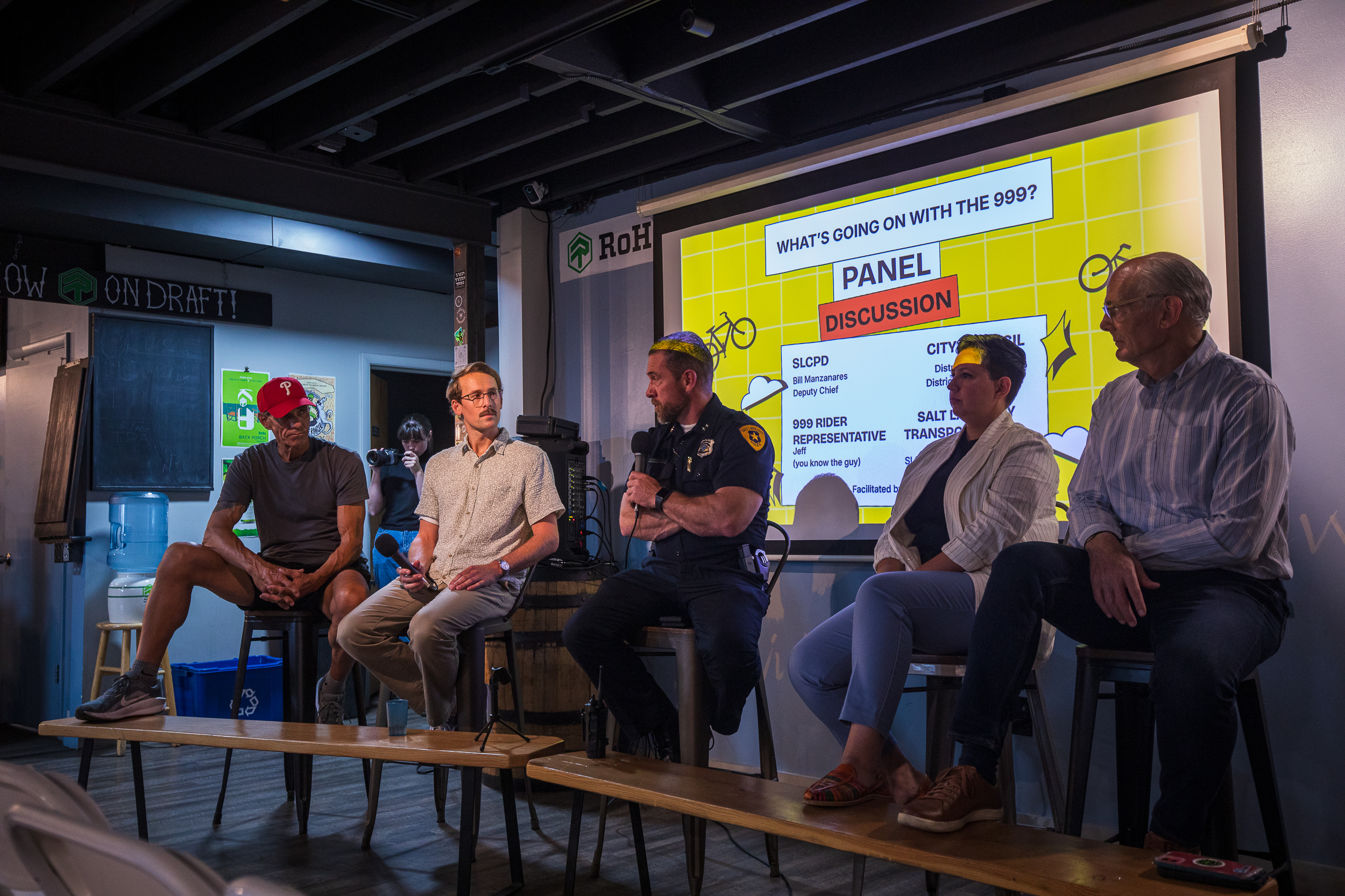 Salt Lake City Deputy Chief Bill Manzanares, center, speaks at a panel discussion about the 999 Ride's future at ROHA Brewing Project in Salt Lake City on Monday. He is surrounded by, from left to right, Jeff, Salt Lake City transportation planner Kyle Irvin, City Council Vice Chairwoman Erika Carlsen and City Councilman Dan Dugan.