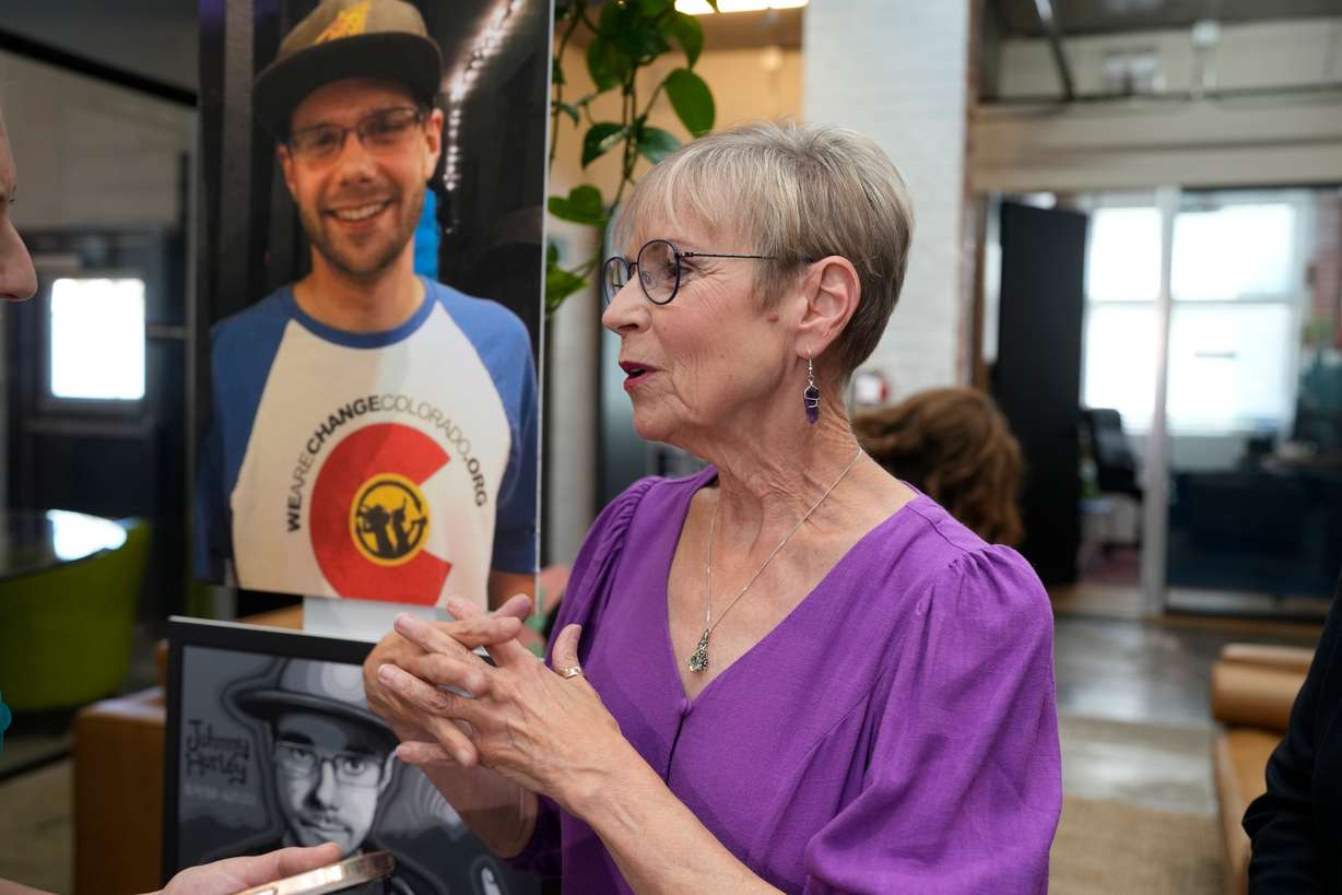 Kathleen Boleyn, mother of Johnny Hurley, who was fatally shot by a police officer from the Arvada, Colo., Police Department in June 2021, speaks, Sept. 28, 2023, in Denver. Hurley was shot after being mistaken for another attacker after Hurley had killed an active shooter who had killed an Arvada officer in the city's Olde Town area on June 21, 2021.