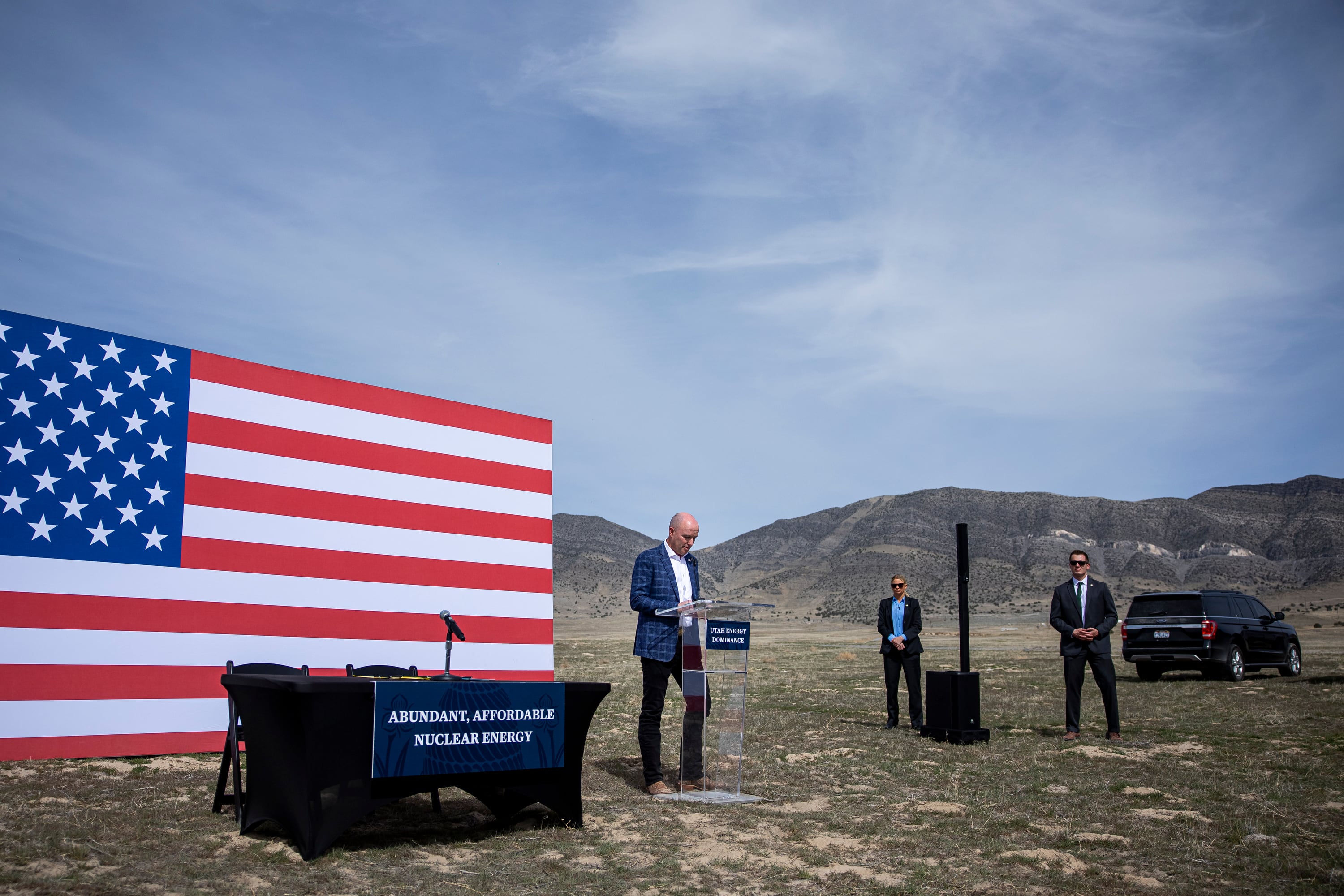 Gov. Spencer Cox speaks during a press conference in north central Tooele County announcing Utah’s intention to compete to bring a federal nuclear campus to the county on March 27, 2026.