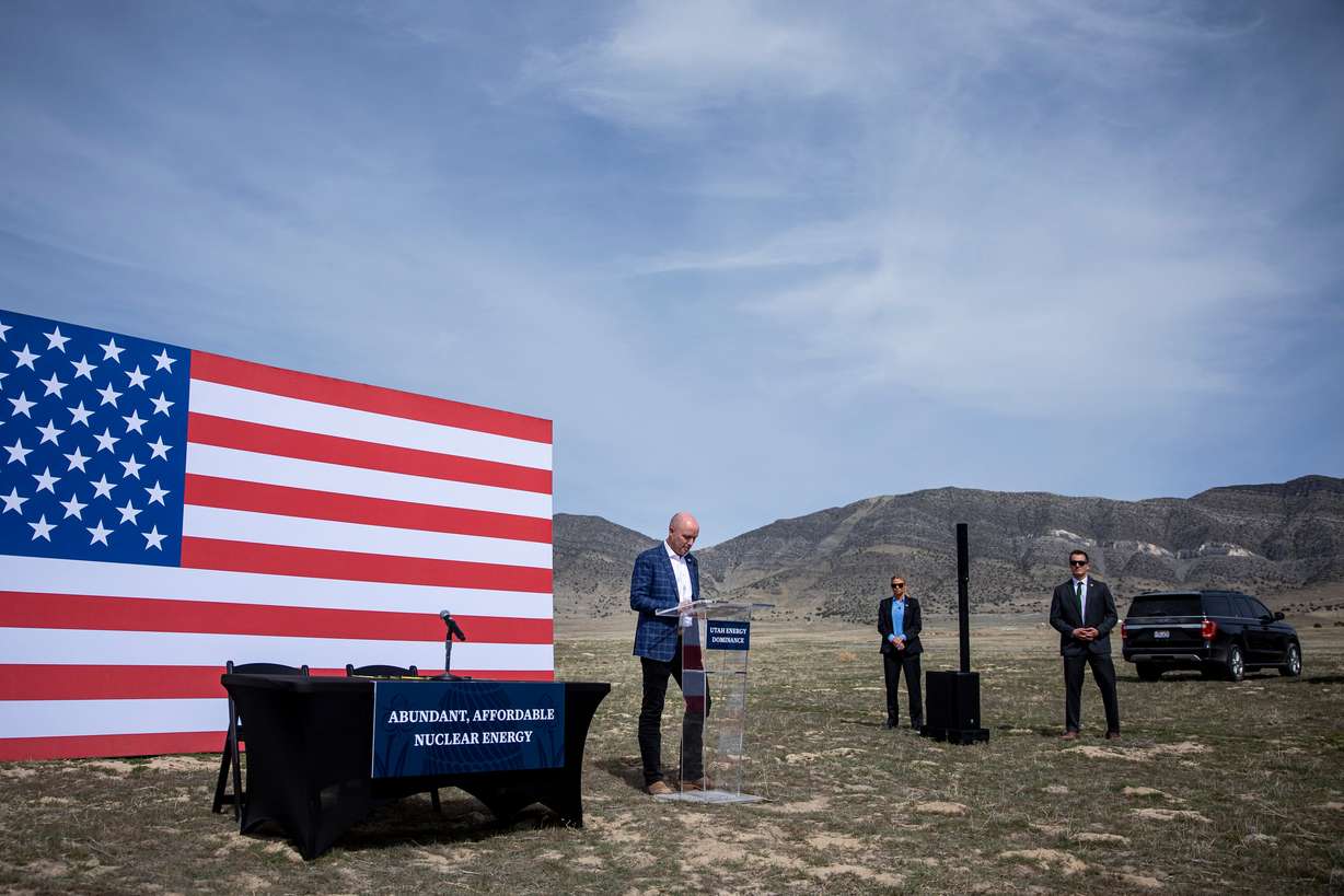 Gov. Spencer Cox speaks during a press conference in north central Tooele County announcing Utah’s intention to compete to bring a federal nuclear campus to the county on March 27, 2026.