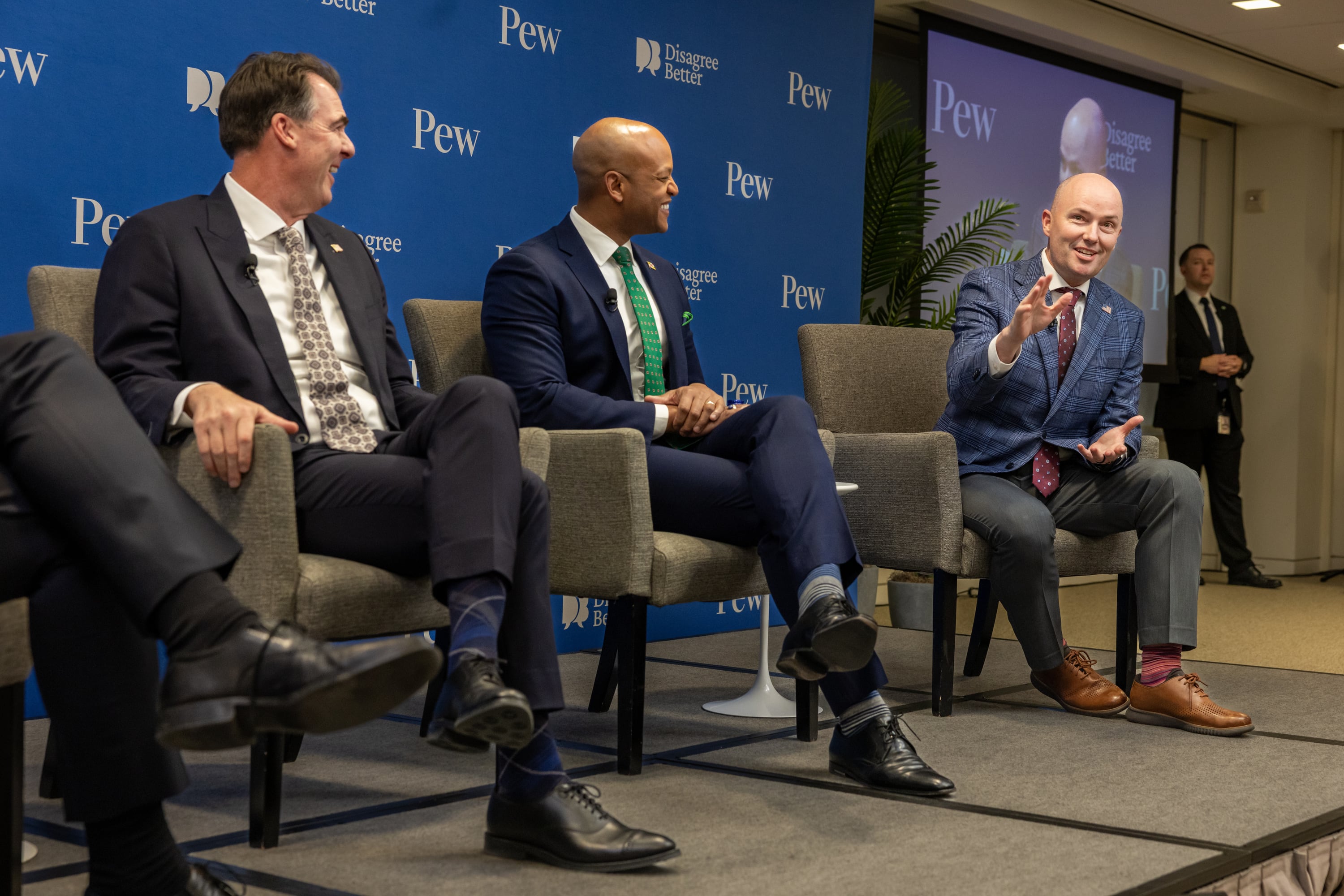 From left, Oklahoma Gov. Kevin Stitt, Maryland Gov. Wes Moore and Utah Gov. Spencer Cox participate in a Disagree Better event hosted by the Pew Charitable Trusts in Washington, D.C. on Feb. 18, 2026.