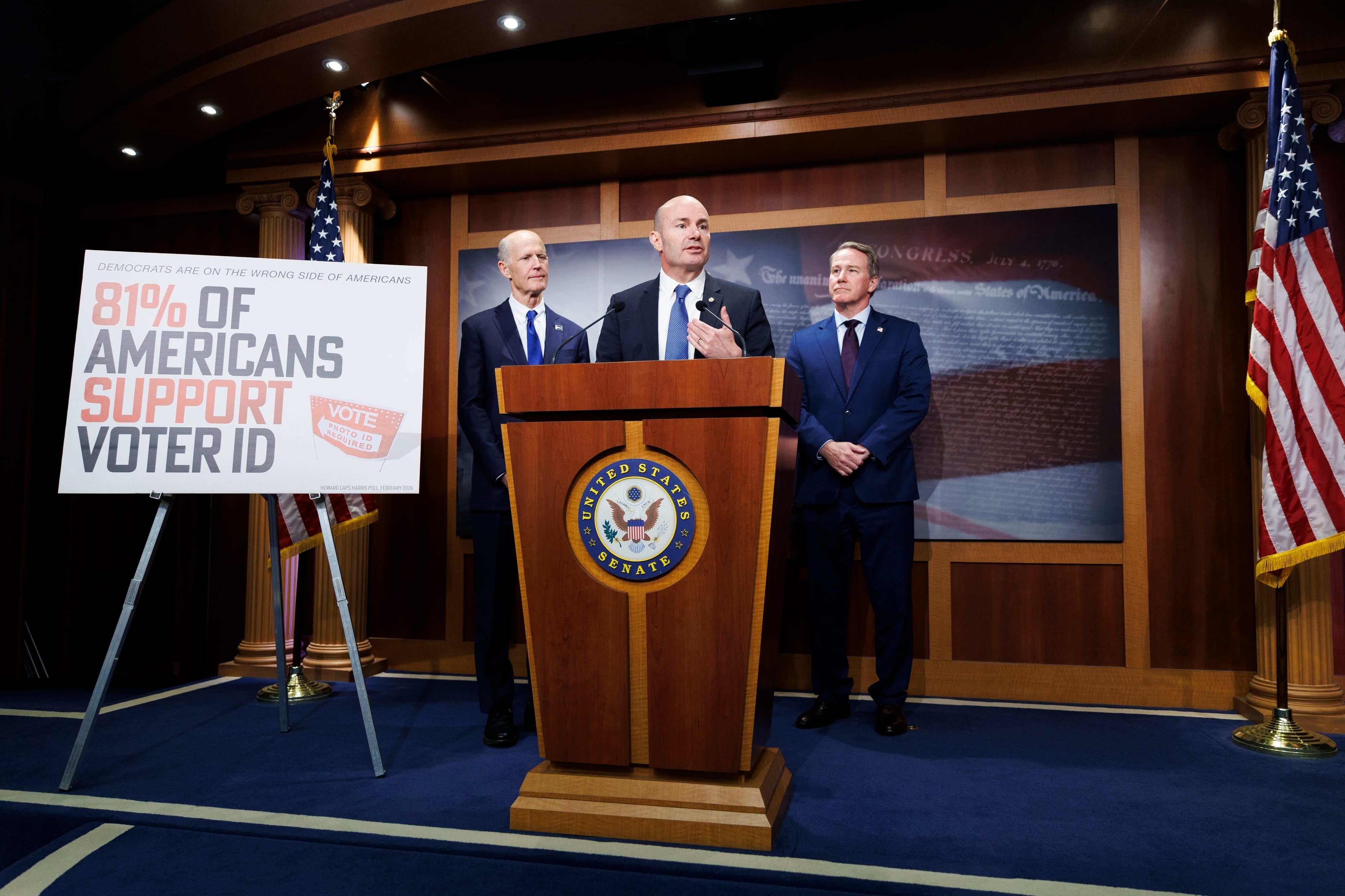 Sen. Mike Lee, R-Utah, joined by Sen. Rick Scott, R-Fla., and Sen. Jon Husted, R-Ohio, speaks during a news conference regarding the SAVE Act on Capitol Hill on March 19, 2026, in Washington.