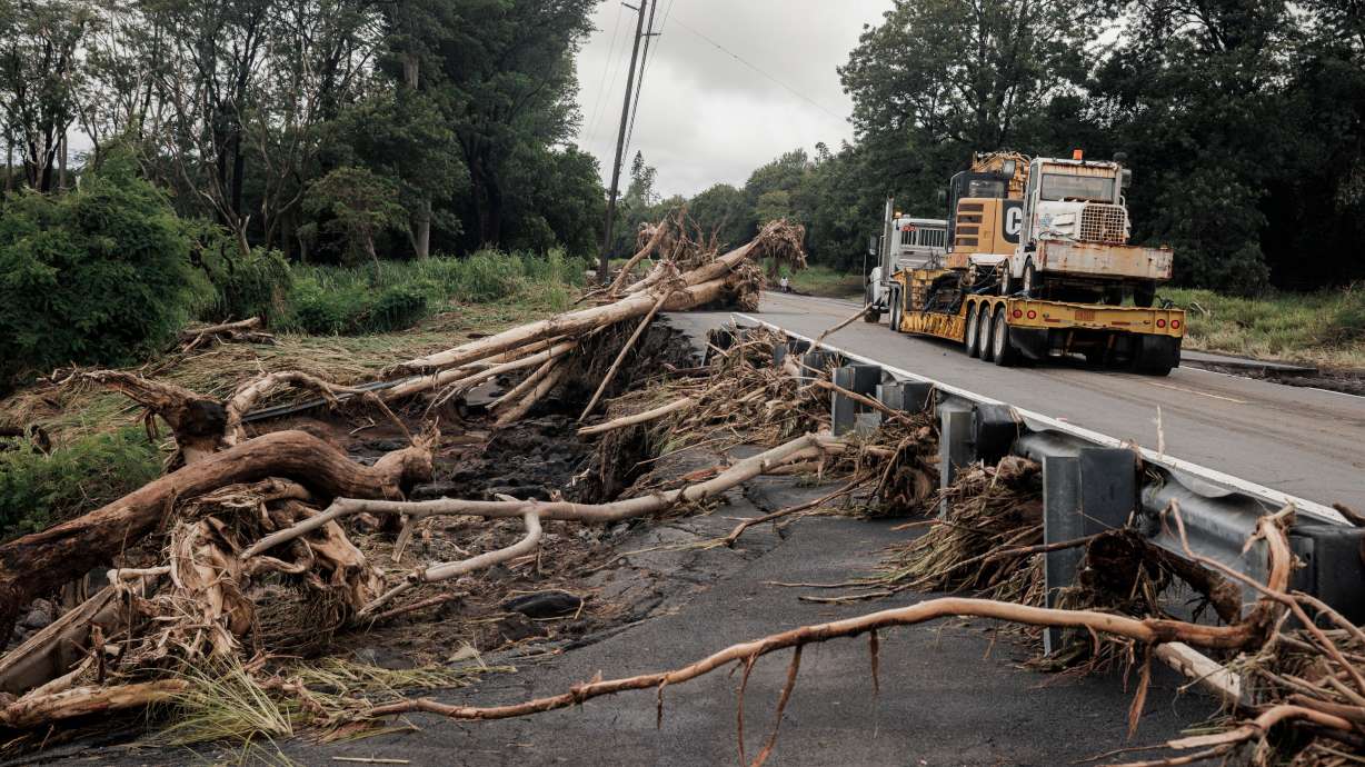 Debris is seen along Hawaiʻi Belt Road near Pahala, Hawaii, on Sunday, after a severe weather system went through the area. A beloved former kindergarten teacher who taught generations of residents in a small town on Hawaii's Big Island was among the two deaths authorities blamed on Hurricane Lala.