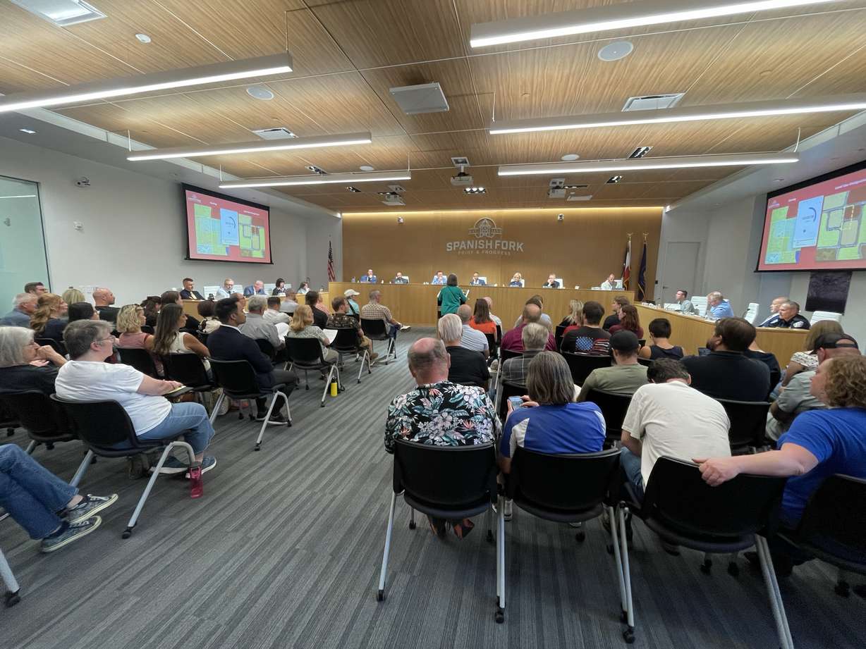 Residents pack the Spanish Fork City Council Chambers during a public hearing on Tuesday surrounding a proposed data center project at the mouth of Spanish Fork Canyon.
