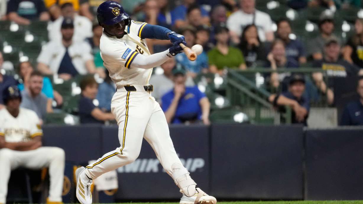 Milwaukee Brewers' Luis Lara hits a three-run home run for his first career home run during the eighth inning of a baseball game against the Seattle Mariners, Tuesday, Aug. 18, 2026, in Milwaukee.
