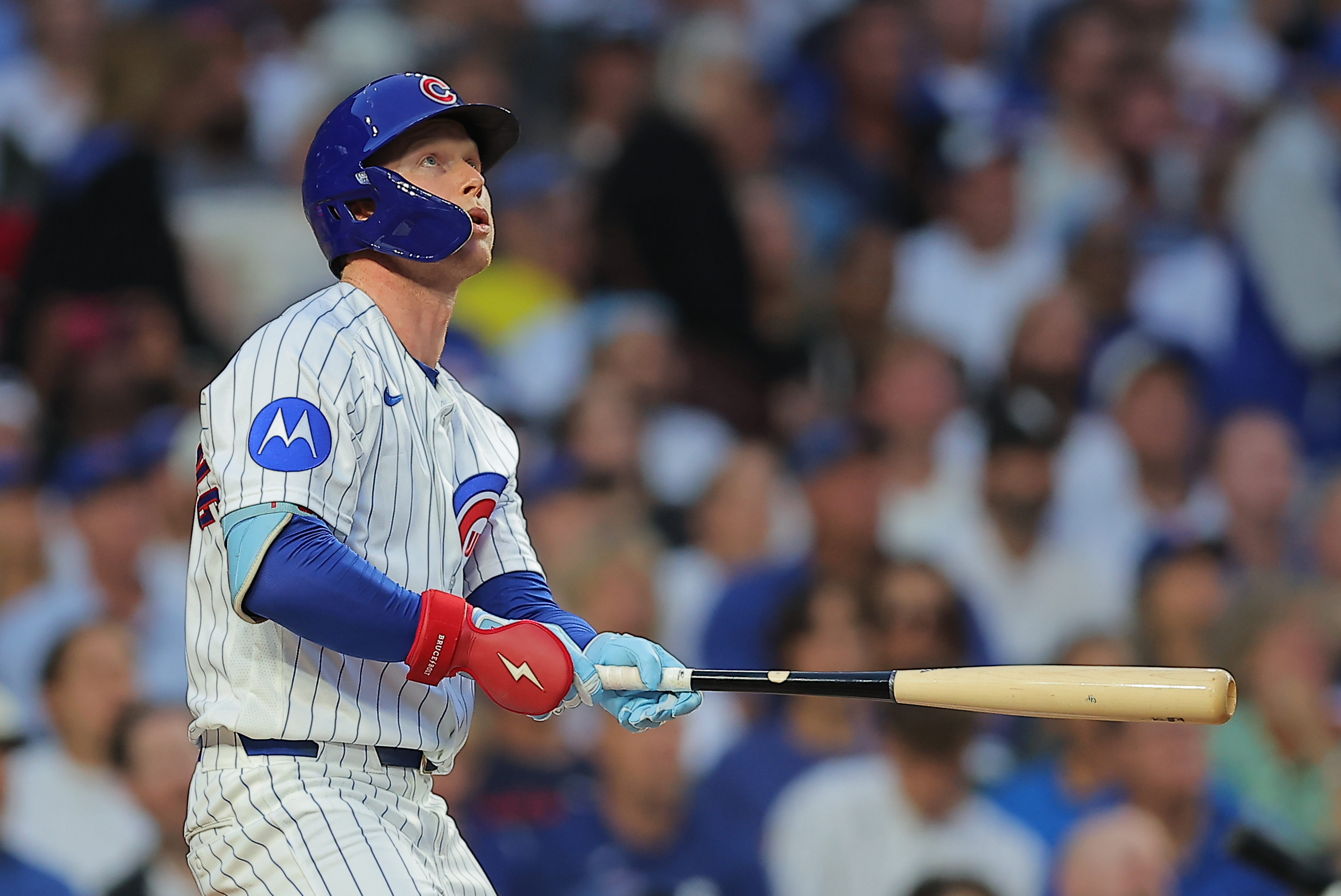 Chicago Cubs' Pete Crow-Armstrong watches his home run during the first inning of a baseball game against the Chicago White Sox, Tuesday, Aug. 18, 2026, in Chicago. 