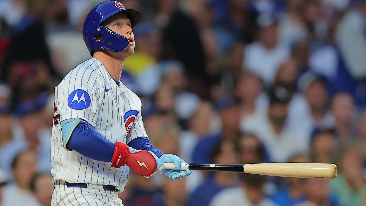 Chicago Cubs' Pete Crow-Armstrong watches his home run during the first inning of a baseball game against the Chicago White Sox, Tuesday, Aug. 18, 2026, in Chicago.