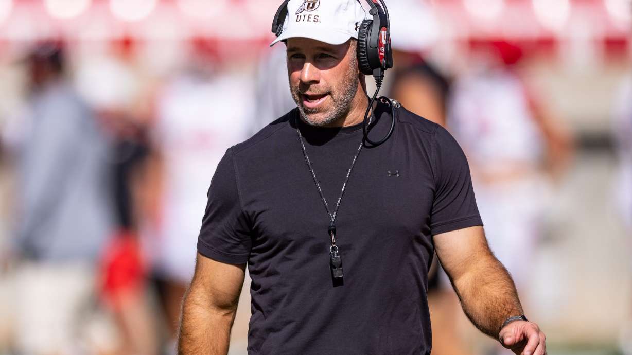 Head coach Morgan Scalley leads a University of Utah football practice held at Rice-Eccles Stadium in Salt Lake City on Saturday, Aug. 15, 2026.