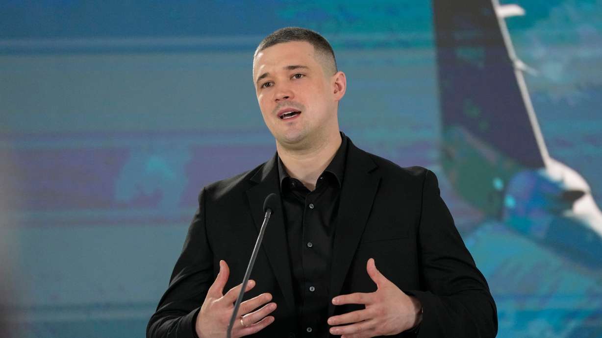 Ukraine's then-Defense Minister Mykhailo Fedorov speaks to journalists during a joint press conference with Sweden's Defense Minister Pal Jonson in Kyiv, July 1. Fedorov called for national elections on Wednesday.