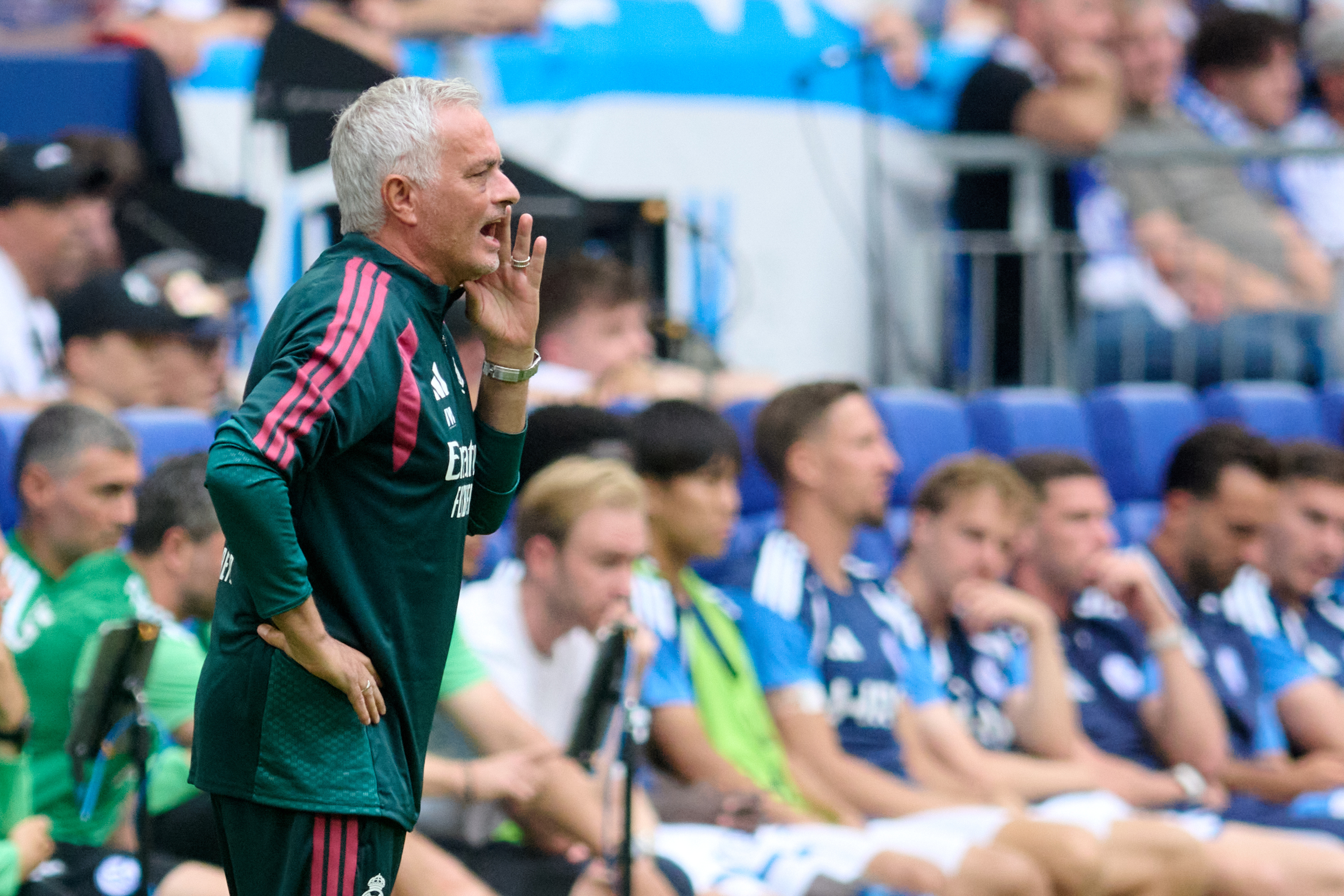 Mardrid's head coach Jose Mourinho shouts, during a pre-season soccer match between FC Schalke 04 and Real Madrid in Gelsenkirchen, Germany, Aug. 16, 2026. 