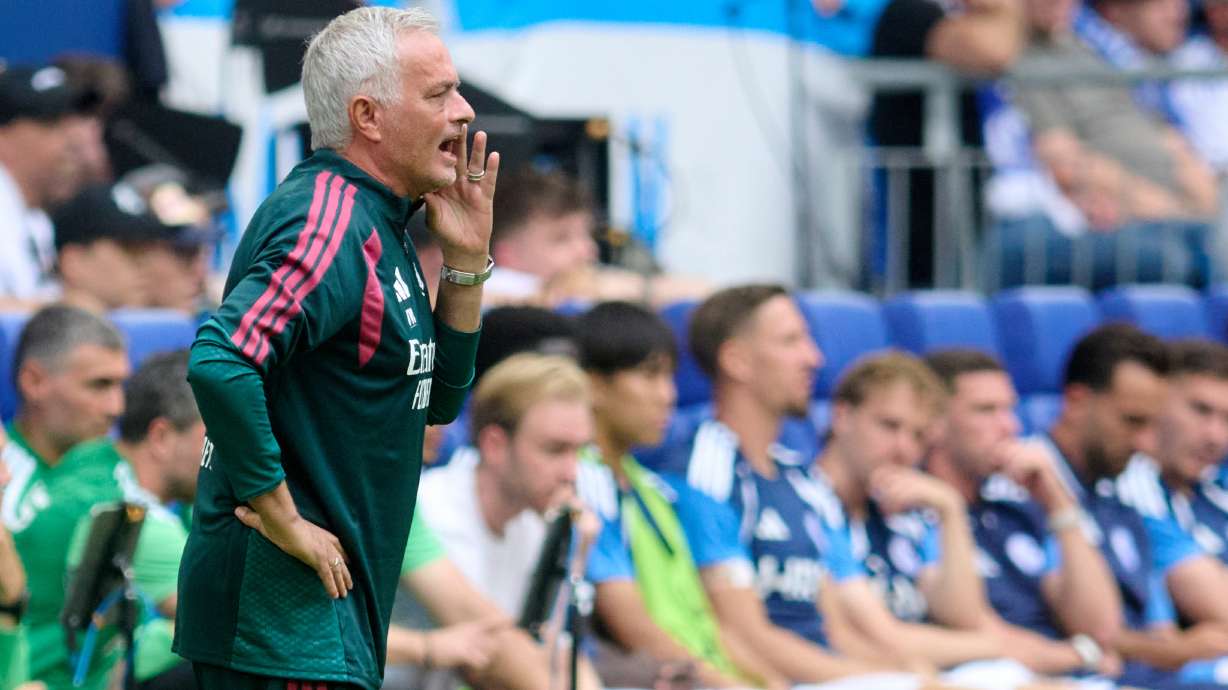 Mardrid's head coach Jose Mourinho shouts, during a pre-season soccer match between FC Schalke 04 and Real Madrid in Gelsenkirchen, Germany, Aug. 16, 2026.