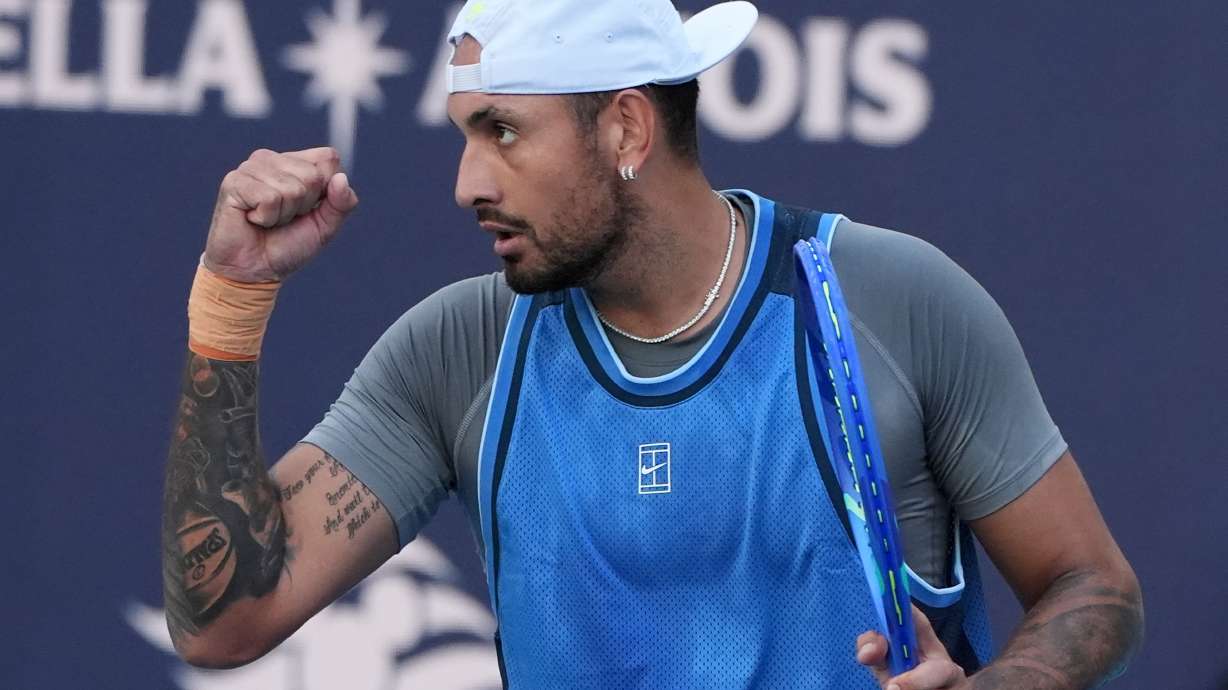 FILE - Nick Kyrgios, of Australia, reacts during his match against Mackenzie McDonald at the Miami Open tennis tournament, Wednesday, March 19, 2025, in Miami Gardens, Fla.