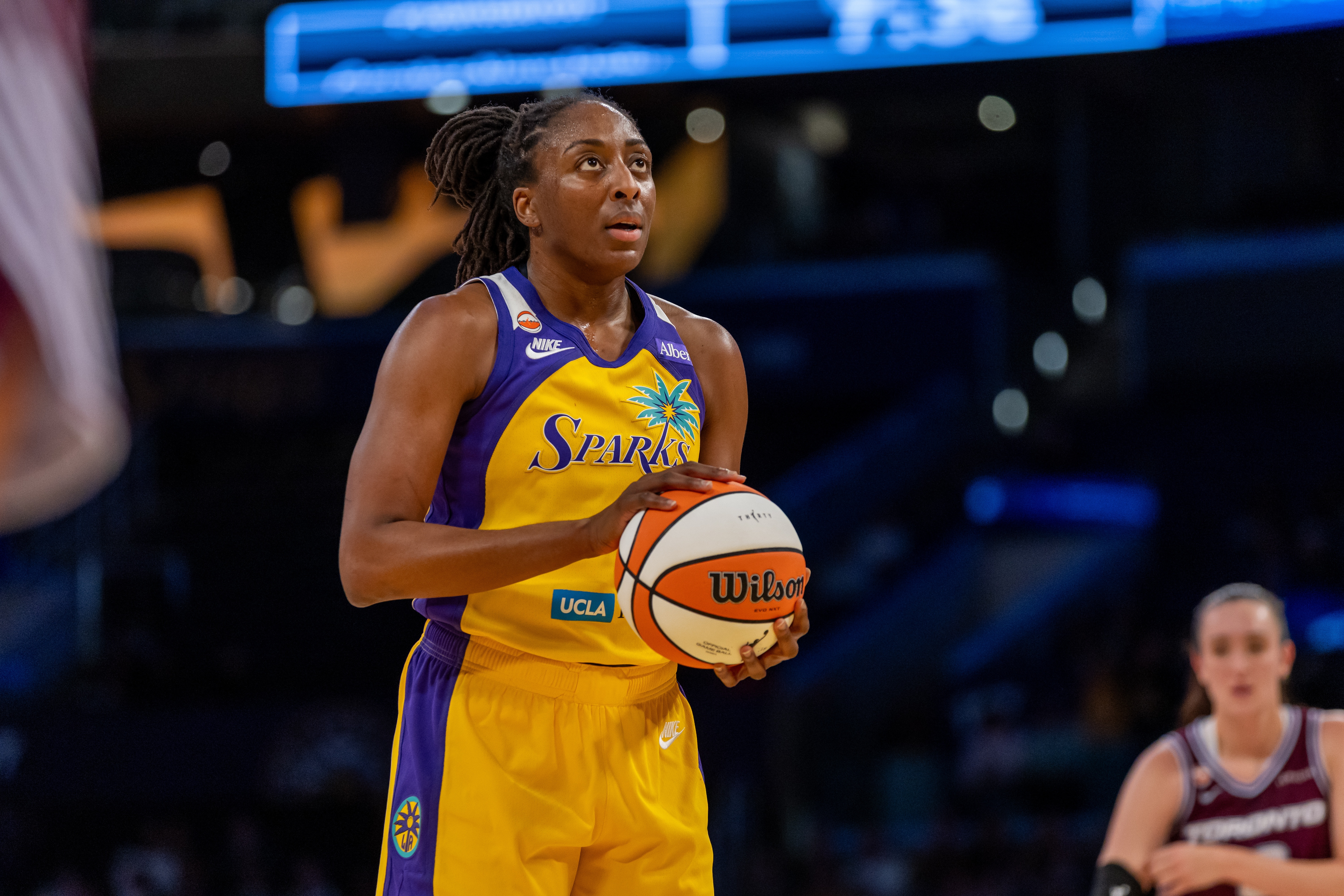 FILE - Los Angeles Sparks forward Nneka Ogwumike shoots a free-throw against the Toronto Tempo during a WNBA basketball game in Los Angeles, May 15, 2026. 