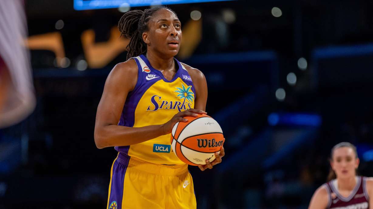 FILE - Los Angeles Sparks forward Nneka Ogwumike shoots a free-throw against the Toronto Tempo during a WNBA basketball game in Los Angeles, May 15, 2026.