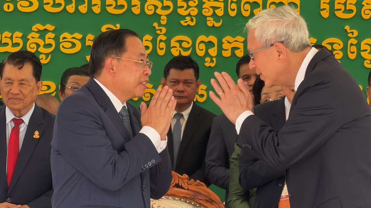 Cambodia's Chay Borin greets Elder Gerrit W. Gong of the Quorum of the Twelve Apostles at the open house of the Phnom Penh Cambodia Temple in Phnom Penh on Wednesday. The open house has been underway since Saturday.