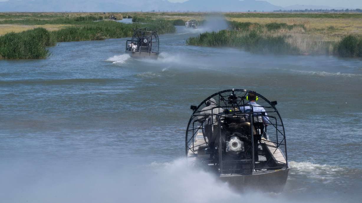 EPA Administrator Lee Zeldin, Sen. John Curtis, and Executive Director of the Utah Department of Environmental Quality Tim Davis, among others depart for an airboat tour of a portion of the Great Salt Lake near Farmington Bay on May 23. Utah has found a new economic and ecological partner in Argentina.