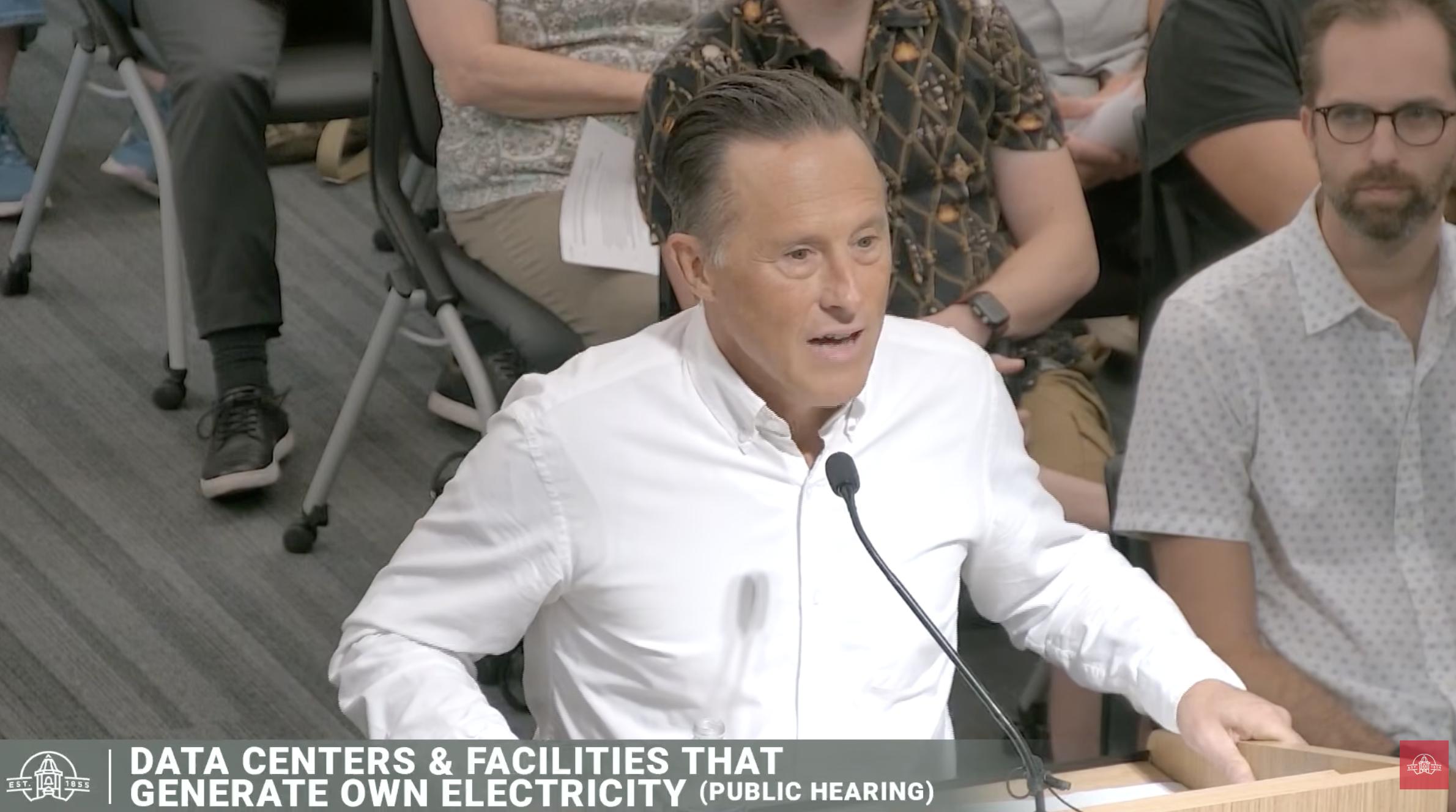 Volition CEO Jeff Chavez discusses his proposed data center project that would replace the old Fingerhut warehouse in Spanish Fork during a City Council meeting on Tuesday.