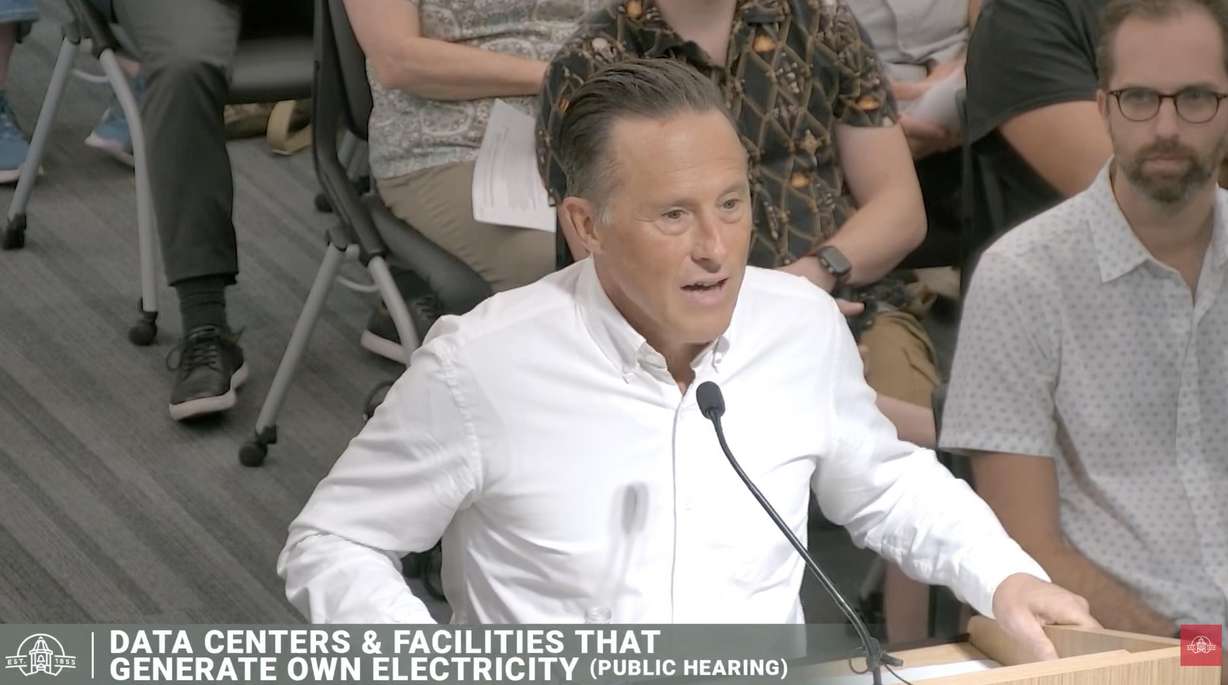 Volition CEO Jeff Chavez discusses his proposed data center project that would replace the old Fingerhut warehouse in Spanish Fork during a City Council meeting on Tuesday.