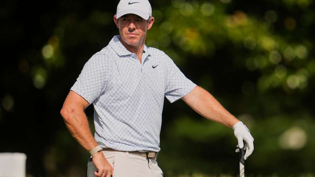 Rory McIlroy, of Northern Ireland, waits to hit on the 10th tee during the third round of the St. Jude Championship golf tournament Saturday, Aug. 15, 2026, in Memphis, Tenn.