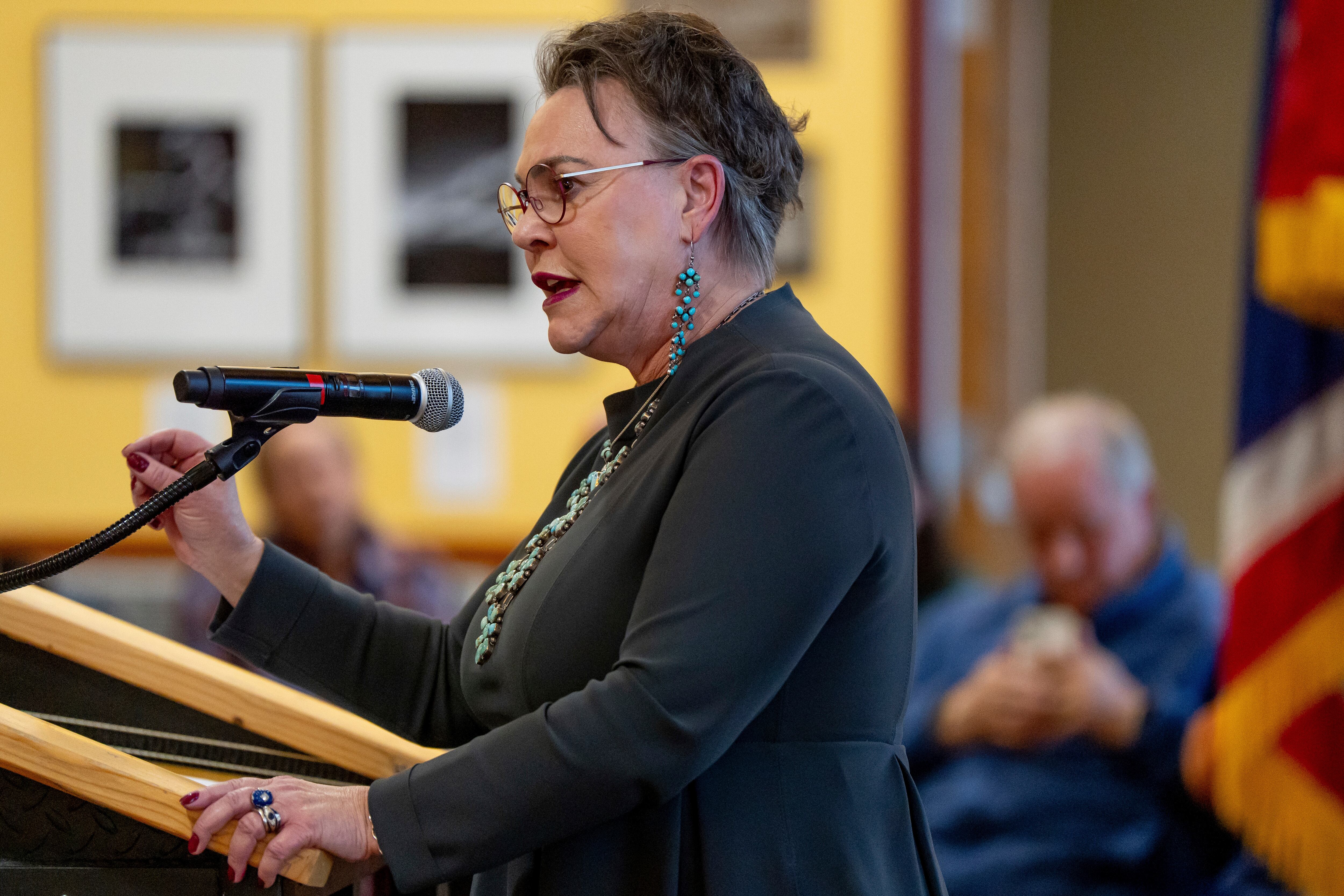 Rep. Harriet Hageman, R-Wyo., holds a town hall meeting on Friday, March 14, 2025, in Evanston, Wyo.