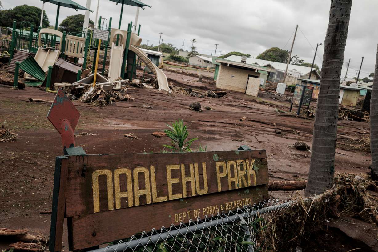 Debris is strewn across Naalehu Park after Hurricane Lala in Naalehu, Hawaii, on Monday.