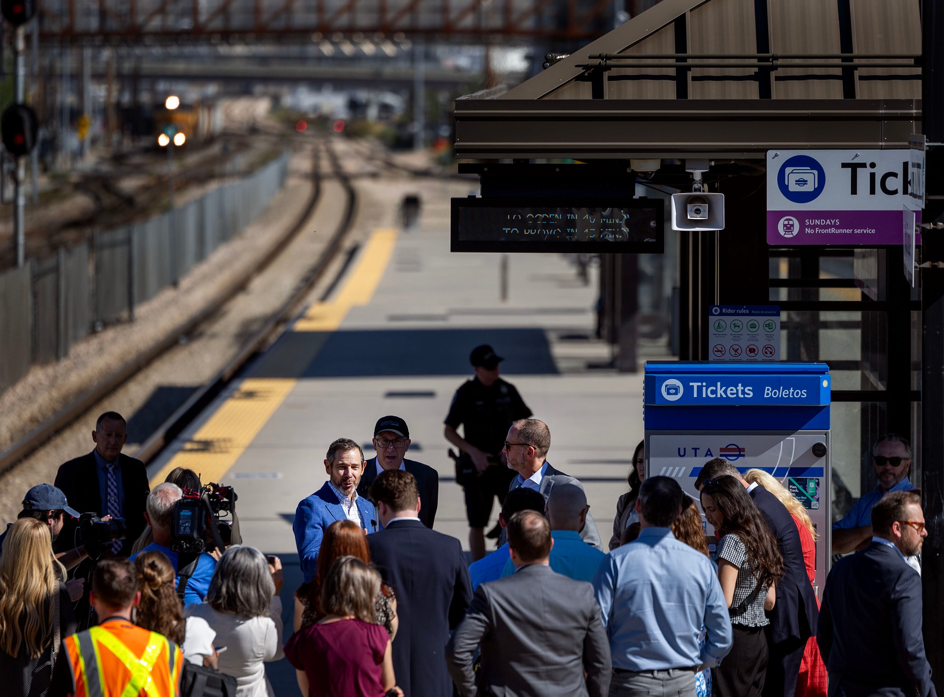 Sen. John Curtis speaks to leaders from Utah Transit Authority and the Wasatch Front Regional Council at a TRAX platform in Salt Lake City on Wednesday.