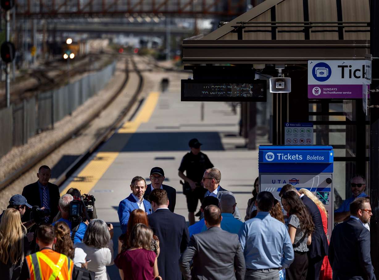 Sen. John Curtis speaks to leaders from Utah Transit Authority and the Wasatch Front Regional Council at a TRAX platform in Salt Lake City on Wednesday.