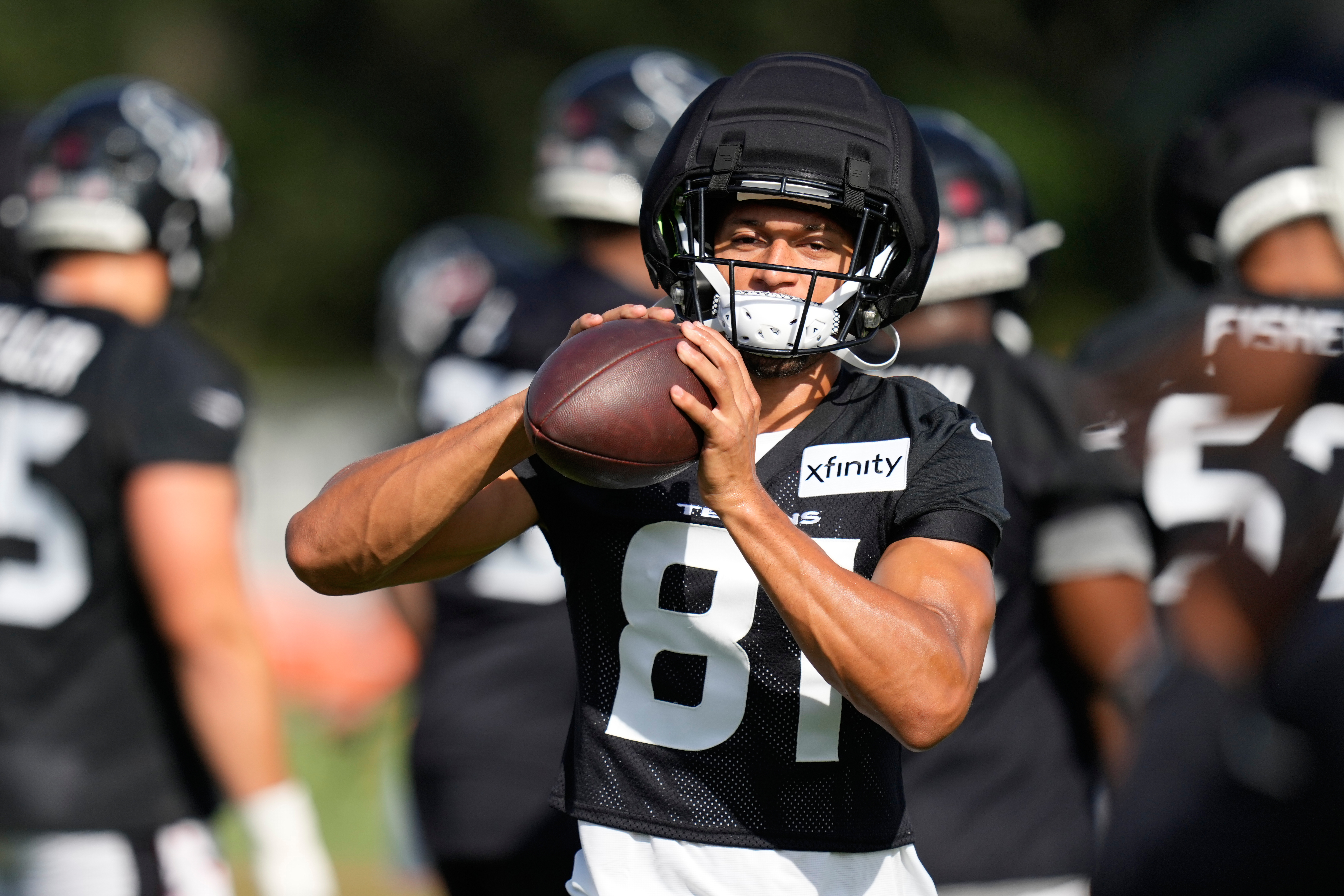 Houston Texans wide receiver Jayden Higgins works out during the team's NFL football training camp in Houston, Wednesday, July 29, 2026. 