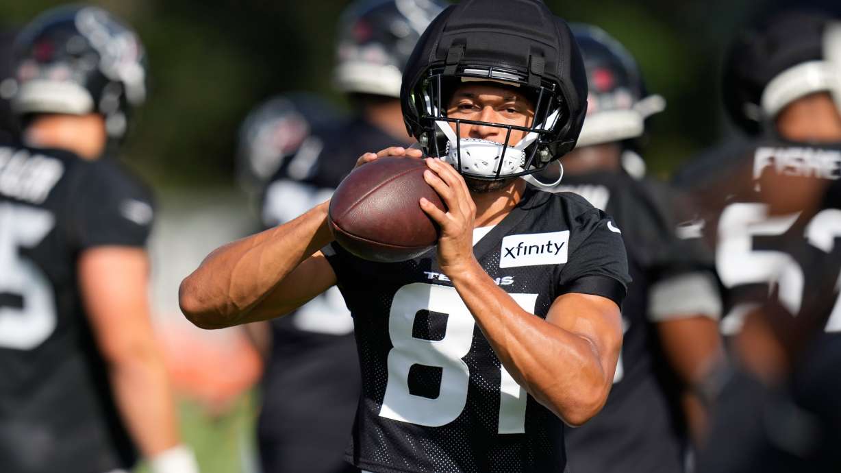 Houston Texans wide receiver Jayden Higgins works out during the team's NFL football training camp in Houston, Wednesday, July 29, 2026.