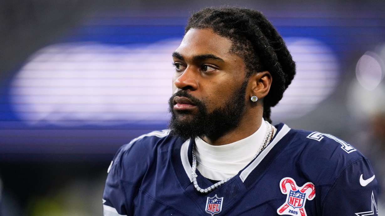 FILE - Dallas Cowboys cornerback Trevon Diggs (7) walks along the sideline during the first half of an NFL football game against the Los Angeles Chargers, Dec. 21, 2025, in Arlington, Texas.