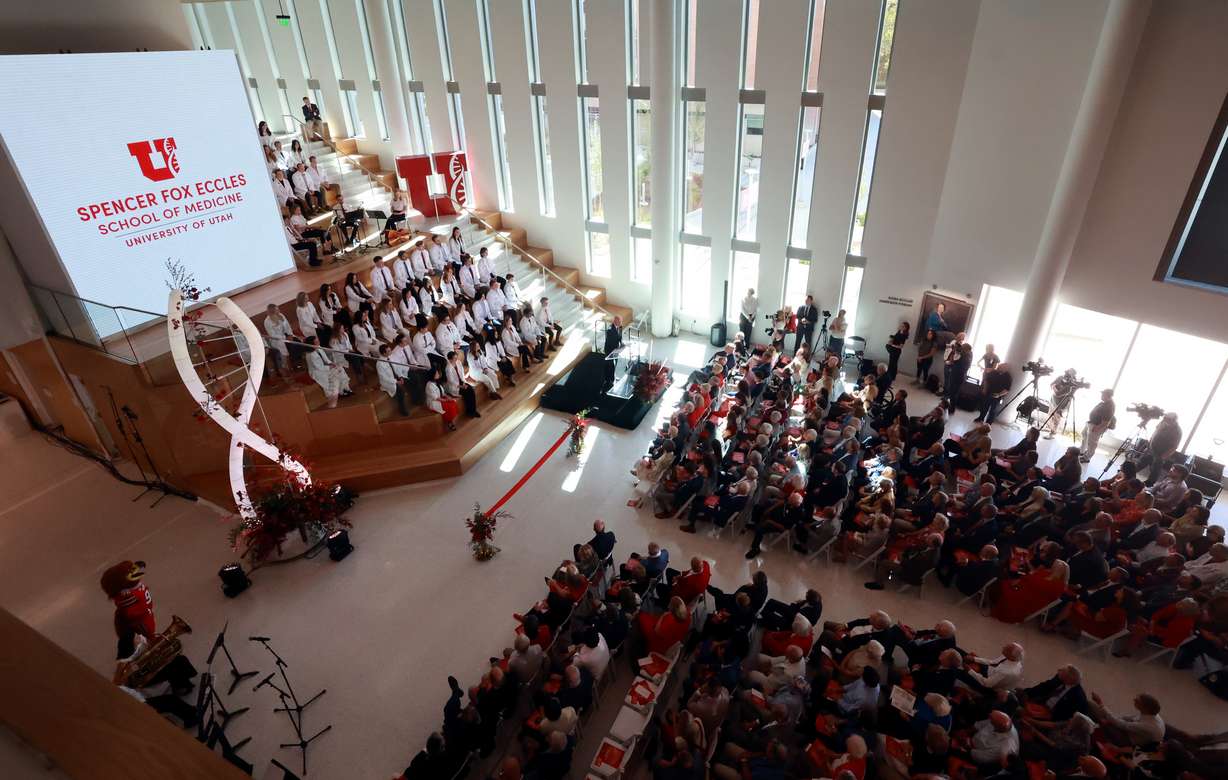 Gov. Spencer Cox speaks during the dedication ceremony for the new Spencer Fox Eccles School of Medicine at the University of Utah in Salt Lake City on Wednesday.