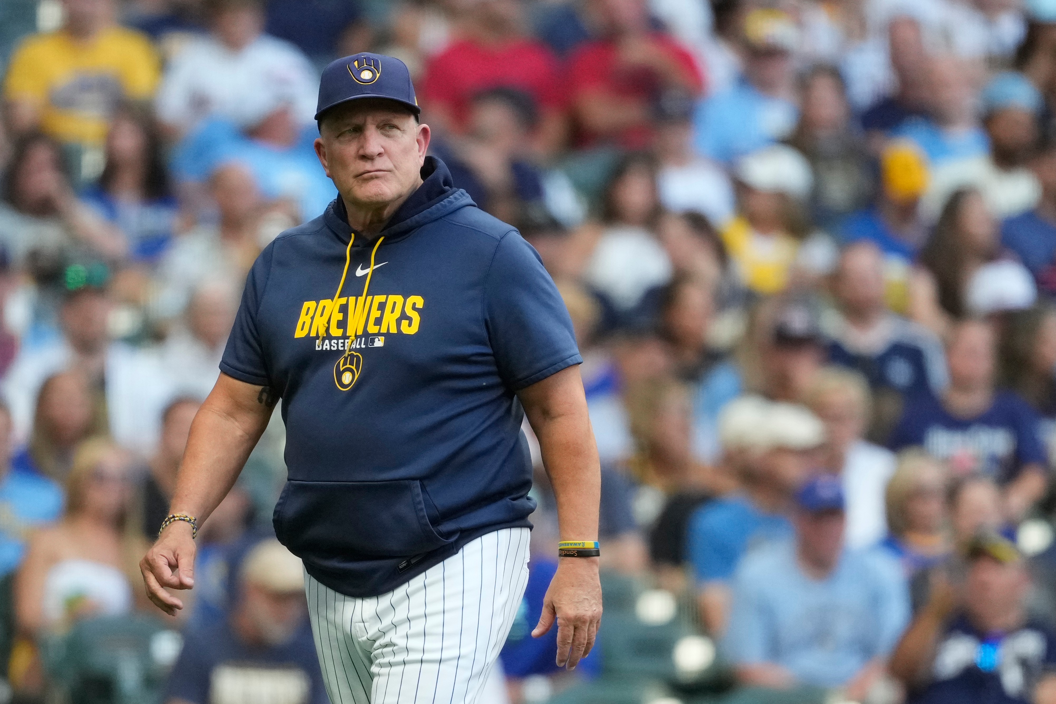 Milwaukee Brewers manager Pat Murphy looks on during the third inning of a baseball game against the Minnesota Twins, Saturday, Aug. 8, 2026, in Milwaukee. 