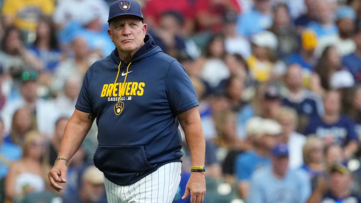Milwaukee Brewers manager Pat Murphy looks on during the third inning of a baseball game against the Minnesota Twins, Saturday, Aug. 8, 2026, in Milwaukee.