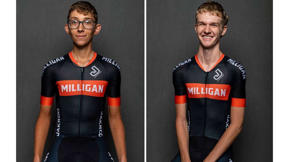 This combination of undated photos provided by Milligan University show student cyclists Haylan Engdahl, left, and Brayden Rogers, who were killed in a car crash in Hampton, Tenn., Wednesday, Aug. 19, 2026.