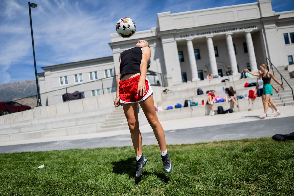 Phoebe Baldwin, 14, warms up during girls soccer practice during the last period of school at Karl Maeser Preparatory Academy in Lindon on Wednesday. Karl Maeser Preparatory Academy was selected as Utah's top high school.