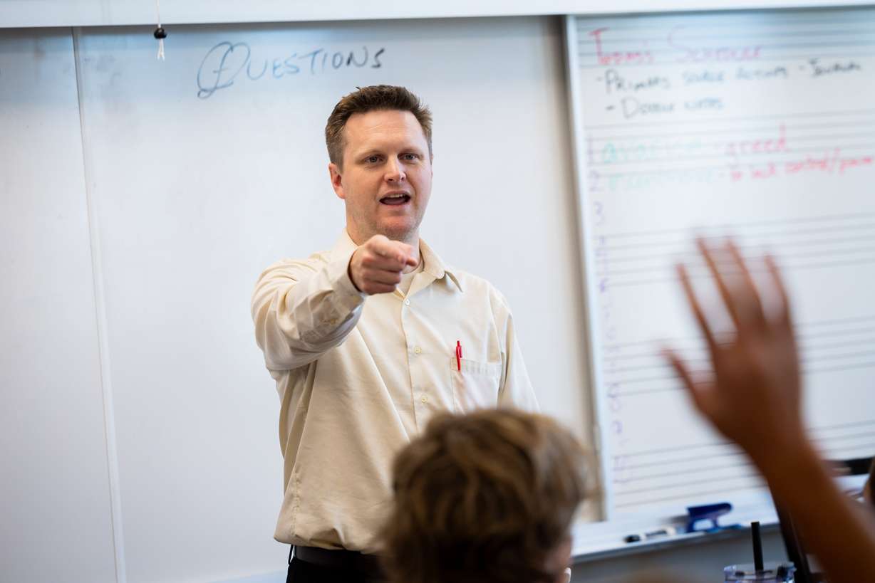 Steven Dowdle teaches a 10th grade Socratic world civilization and English class at Karl Maeser Preparatory Academy in Lindon on Wednesday. Karl Maeser Preparatory Academy was selected as Utah's top high school.