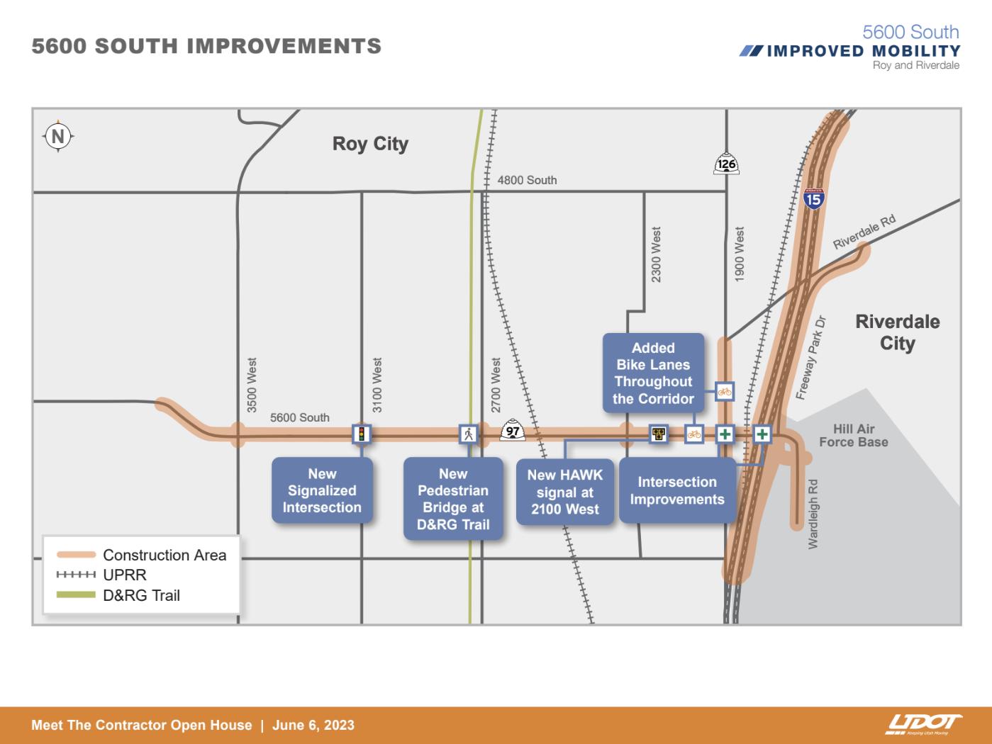 The $238 million upgrade of 5600 South and the I-15 interchange in Roy, spurred by growth, is largely complete though other major road projects in the area continue. The graphic outlines the project area.
