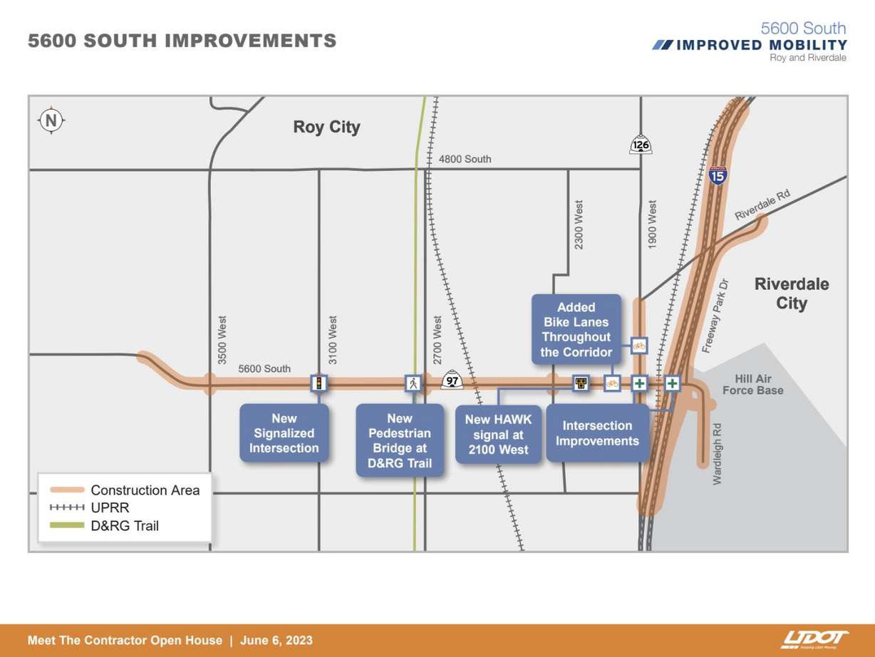 The $238 million upgrade of 5600 South and the I-15 interchange in Roy, spurred by growth, is largely complete though other major road projects in the area continue. The graphic outlines the project area.